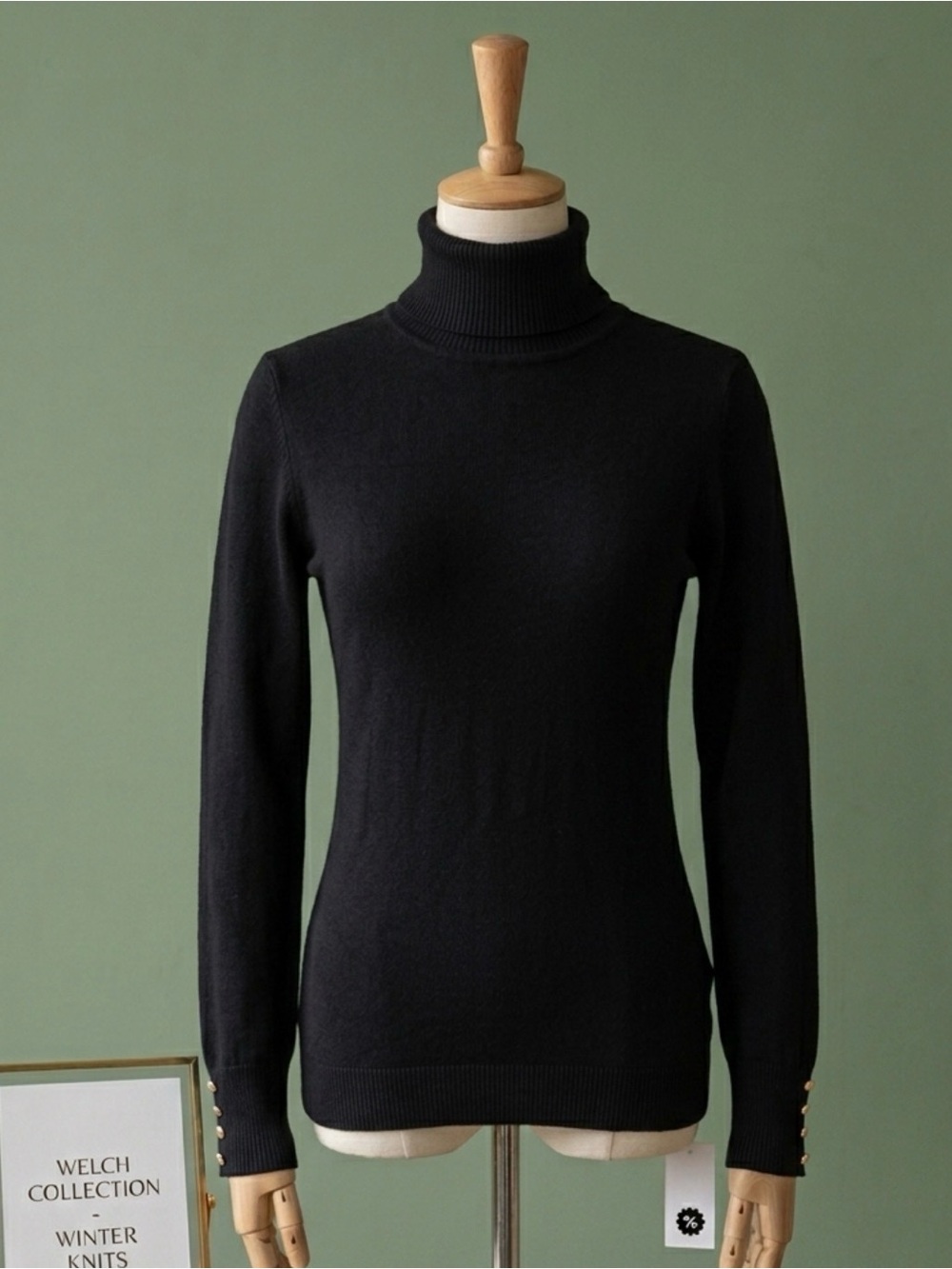 Grace Black Turtleneck Sweater with Cuff Buttons